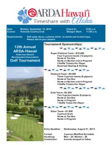 Date: Course: Monday, September 12, 2016 Honolulu Country Club