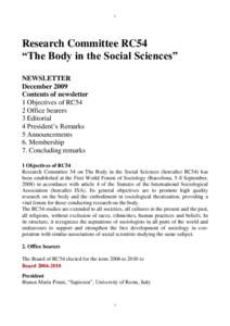1  Research Committee RC54 “The Body in the Social Sciences” NEWSLETTER December 2009