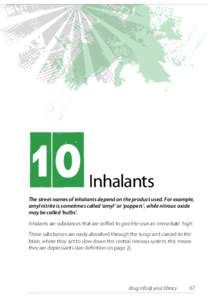 10  Inhalants The street names of inhalants depend on the product used. For example, amyl nitrite is sometimes called ‘amyl’ or ‘poppers’, while nitrous oxide