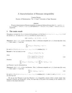 A characterization of Riemann integrability Cosmin Burtea Faculty of Mathematics, 
