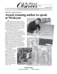 September 2008 Newsletter Of the Middlesex County Historical Society Program Announcement  Award-winning author to speak