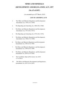 MINES AND MINERALS (DEVELOPMENT AND REGULATION) ACT, 1957 (No. 67 ofAs amended up to 26th March, 2015) LIST OF AMENDING ACTS 1.