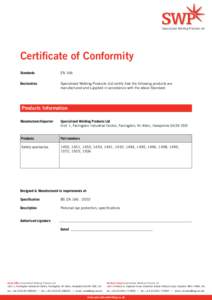 Specialised Welding Products Ltd  Certificate of Conformity Standards	  EN 166