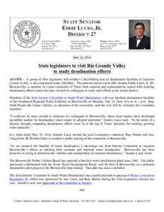    June 16, 2014 State legislators to visit Rio Grande Valley to study desalination efforts