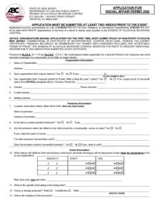 APPLICATION FOR SOCIAL AFFAIR PERMIT [SA] STATE OF NEW JERSEY DEPARTMENT OF LAW AND PUBLIC SAFETY DIVISION OF ALCOHOLIC BEVERAGE CONTROL