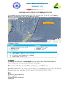 MINERAL RESOURCES DEPARTMENT  Seismology Unit EARTHQUAKE INFORMATION RELEASE NOAn earthquake occurred early this morning at 01:43:02 AM local time, 729 km NE from Whangarei,