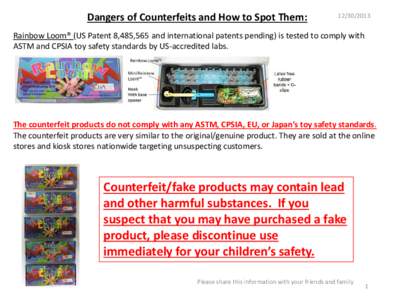 Dangers of Counterfeits and How to Spot Them:  Rainbow Loom® (US Patent 8,485,565 and international patents pending) is tested to comply with ASTM and CPSIA toy safety standards by US-accredited labs.
