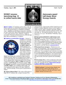 Tuesday, Aug. 5, 2003  SCISAT mission launching Aug. 12 to collect ozone data