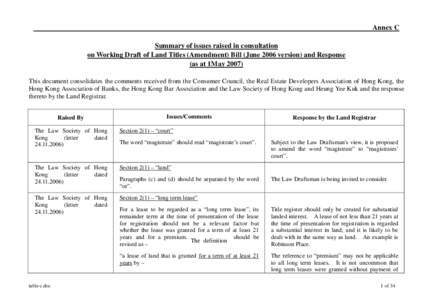 Summary of issues raised in consultation on Working Draft of Land Titles (Amendment) Bill (June 2006 version) and Response(as at 1May 2007)
