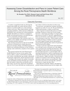 Assessing Career Dissatisfaction and Plans to Leave Patient Care Among the Rural Pennsylvania Health Workforce By: Brandon Vick, Ph.D., Margaret Gagel, and David Yerger, Ph.D. Indiana University of Pennsylvania May 2015