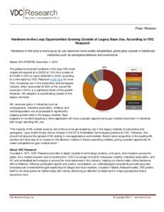 Press Release Hardware-in-the-Loop Opportunities Growing Outside of Legacy Base Use, According to VDC Research Hardware-in-the-loop is evolving as its use becomes more widely established, particularly outside of traditio