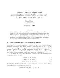 Number theoretic properties of generating functions related to Dyson’s rank for partitions into distinct parts