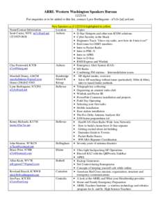 ARRL Western Washington Speakers BureauFor enquiries or to be added to this list, contact Lynn Burlingame - n7cfo [at] arrl.net. New Speakers as ifhighlighted in yellow. Name/Contact Information Locat