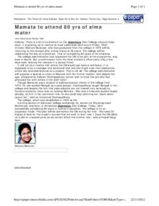 Mamata to attend 80 yrs of alma mater  Page 1 of 1 Publication: The Times Of India Kolkata; Date:2012 Nov 20; Section:Times City; Page Number 3