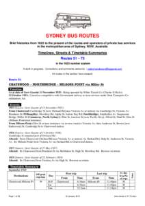 SYDNEY BUS ROUTES Brief histories from 1925 to the present of the routes and operators of private bus services in the metropolitan area of Sydney, NSW, Australia Timelines, Streets & Timetable Summaries Routes 51 – 75