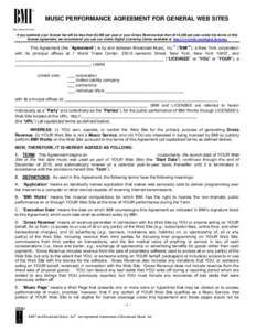 BMI  ® MUSIC PERFORMANCE AGREEMENT FOR GENERAL WEB SITES