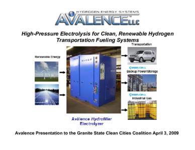 High-Pressure Electrolysis for Clean, Renewable Hydrogen Transportation Fueling Systems Avalence Presentation to the Granite State Clean Cities Coalition April 3, 2009  Spinout in 2002 From Two CT Industrial