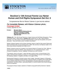 Stockton’s 12th Annual Fannie Lou Hamer Human and Civil Rights Symposium Set Oct. 6 Congresswoman Bonnie Watson Coleman to give keynote address For Immediate Release; with Watson Coleman photo; Coverage invited