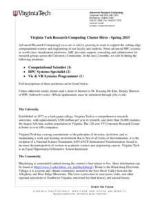 Advanced Research Computing Torgersen Hall[removed]MC[removed]Blacksburg, Virginia[removed]0968 Fax: [removed]www.arc.vt.edu snoid.sv.vt.edu/visionarium