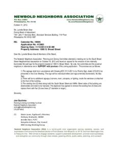 October 31, 2012 Ms. Lynette Brown-Sow Zoning Board of Adjustment 1401 John F. Kennedy Blvd., Municipal Services Building, 11th Floor Philadelphia PARE: