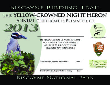 Biscayne Birding Trail This Yellow-crowned Night Heron Annual Certificate is Presented to