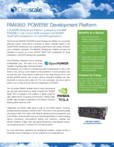 RM4950: POWER8 Development Platform ® A POWER8 Development Platform, powered by the IBM® POWER8 4-core Turismo SCM processor and NVIDIA® Tesla® GPU Accelerators, for multi-GPU applications.