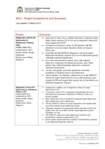2012 – Project Completions and Outcomes Last updated 12 March 2013 Project Diagnostic criteria for depression in