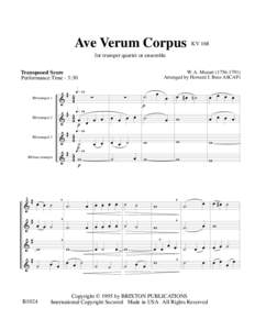 Ave Verum Corpus  KV 168 for trumpet quartet or ensemble Transposed Score