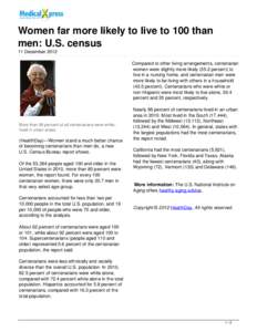 Women far more likely to live to 100 than men: U.S. census