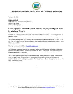DOGAMI news release: State agencies to meet March 5 and 7 on proposed gold mine in Malheur County