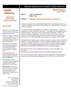 Missouri Department of Health & Senior Services  Health • Advisory: Reporting of