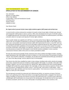 DRAFT FOR ENDORSEMENT – March 7, 2014  OPEN LETTER TO THE GOVERNMENT OF CANADA Hon. John Baird Minister of Foreign Affairs Office of the Minister