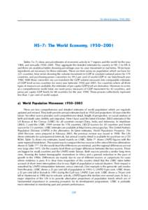 The World Economy, 1950–2001  HS–7: The World Economy, 1950–2001 Tables 7a–7c show annual estimates of economic activity in 7 regions and the world for the year 1900, and annually 1950–2001. They aggregate the 