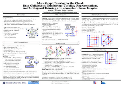 More Graph Drawing in the Cloud: Data-Oblivious st-Numbering, Visibility Representations, and Orthogonal Drawing of Biconnected Planar Graphs. Michael T. Goodrich, Joseph A. Simons Department of Computer Science, Univers