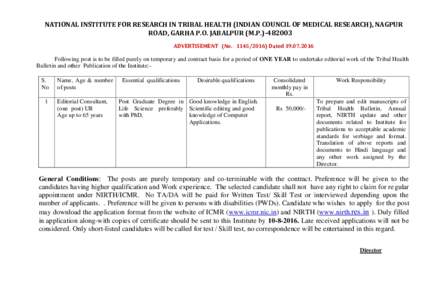 NATIONAL INSTITUTE FOR RESEARCH IN TRIBAL HEALTH (INDIAN COUNCIL OF MEDICAL RESEARCH), NAGPUR ROAD, GARHA P.O. JABALPUR (M.PADVERTISEMENT (NoDatedFollowing post is to be filled purely o
