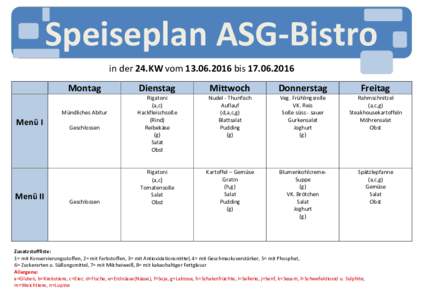 Speiseplan ASG-Bistro in der 24.KW vombisMontag Mündliches Abitur  Menü I