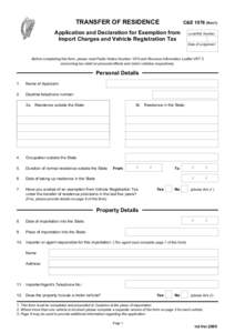 TRANSFER OF RESIDENCE  C&ERev1) Application and Declaration for Exemption from Import Charges and Vehicle Registration Tax
