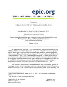Comments of THE ELECTRONIC PRIVACY INFORMATION CENTER (EPIC) to DEPARTMENT OF HEALTH AND HUMAN SERVICES [Docket ID: HHS-OPHSHuman Subjects Research Protections: Enhancing Protections for Research Subjects and