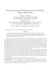 Near Shannon Limit Performance of Low Density Parity Check Codes David J.C. MacKay