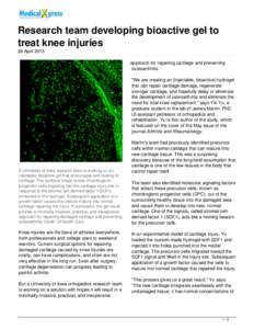 Research team developing bioactive gel to treat knee injuries