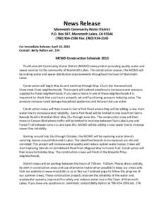 News Release  Mammoth Community Water District P.O. Box 597, Mammoth Lakes, CA2596 Fax: (For Immediate Release: April 18, 2013