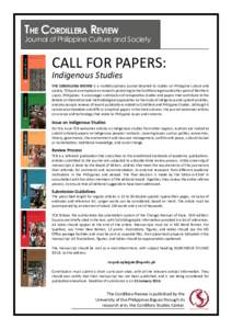 The Cordillera Review  Journal of Philippine Culture and Society CALL FOR PAPERS: Indigenous Studies