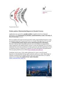 Trypanosoma brucei  Postdoc position: Mitochondrial Biogenesis in Parasitic Protozoa Applications are invited for a postdoc position, funded by the Swiss National Foundation at the Department of Chemistry and Biochemistr