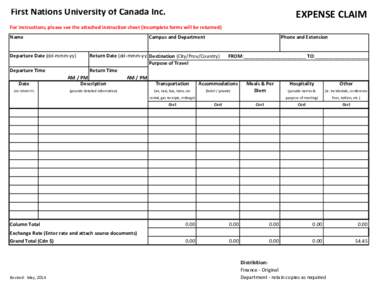 First Nations University of Canada Inc.  EXPENSE CLAIM For instructions, please see the attached instruction sheet (incomplete forms will be returned) Name