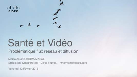 Santé et Vidéo Problématique flux réseau et diffusion Marco Antonio HORMAZABAL Spécialiste Collaboration – Cisco France.  Vendredi 13 Février 2015