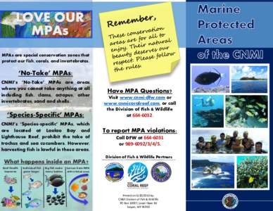 MPAs are special conservation zones that protect our fish, corals, and invertebrates. ‘No-Take’ MPAs: CNMI’s ‘No-Take’ MPAs are areas where you cannot take anything at all