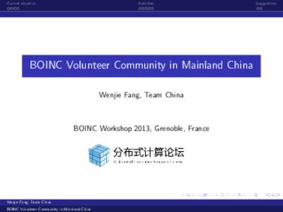 Current situation  Activities BOINC Volunteer Community in Mainland China Wenjie Fang, Team China