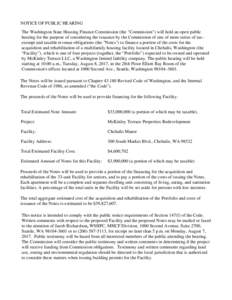 NOTICE OF PUBLIC HEARING The Washington State Housing Finance Commission (the 