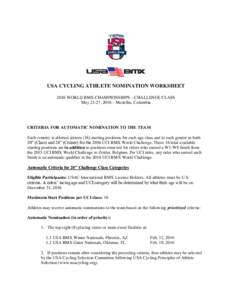 USA CYCLING ATHLETE NOMINATION WORKSHEET 2016 WORLD BMX CHAMPIONSHIPS – CHALLENGE CLASS May 21-27, 2016 – Medellin, Columbia CRITERIA FOR AUTOMATIC NOMINATION TO THE TEAM Each country is allotted sixteen (16) startin