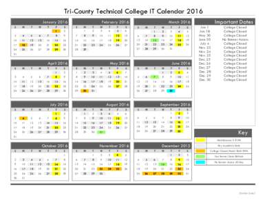 Tri-County Technical College IT Calendar 2016 January 2016 S M